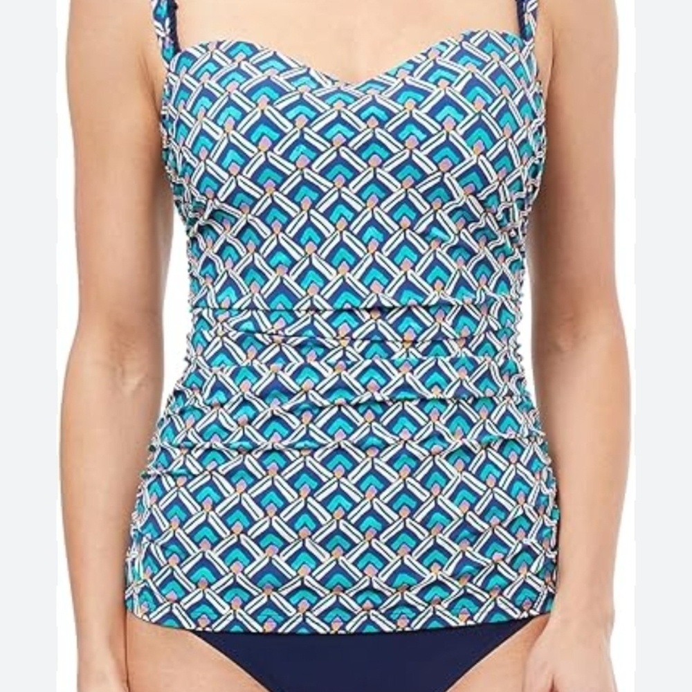 Gottex Tankini Swim Top Size 34 D Blue Pink White Padded Underwire Geometric NWT